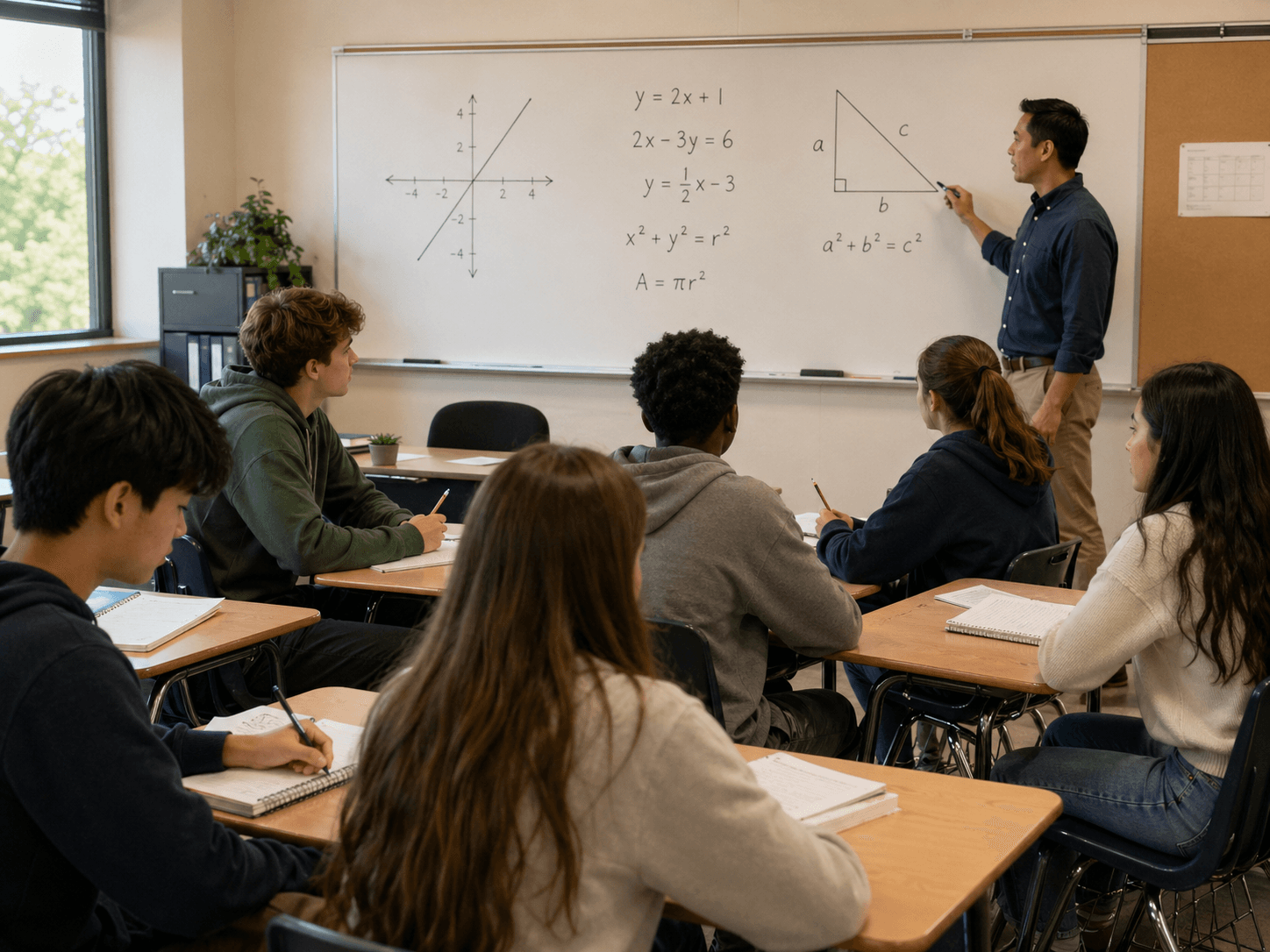 High school math class with a teacher explaining equations for course planning